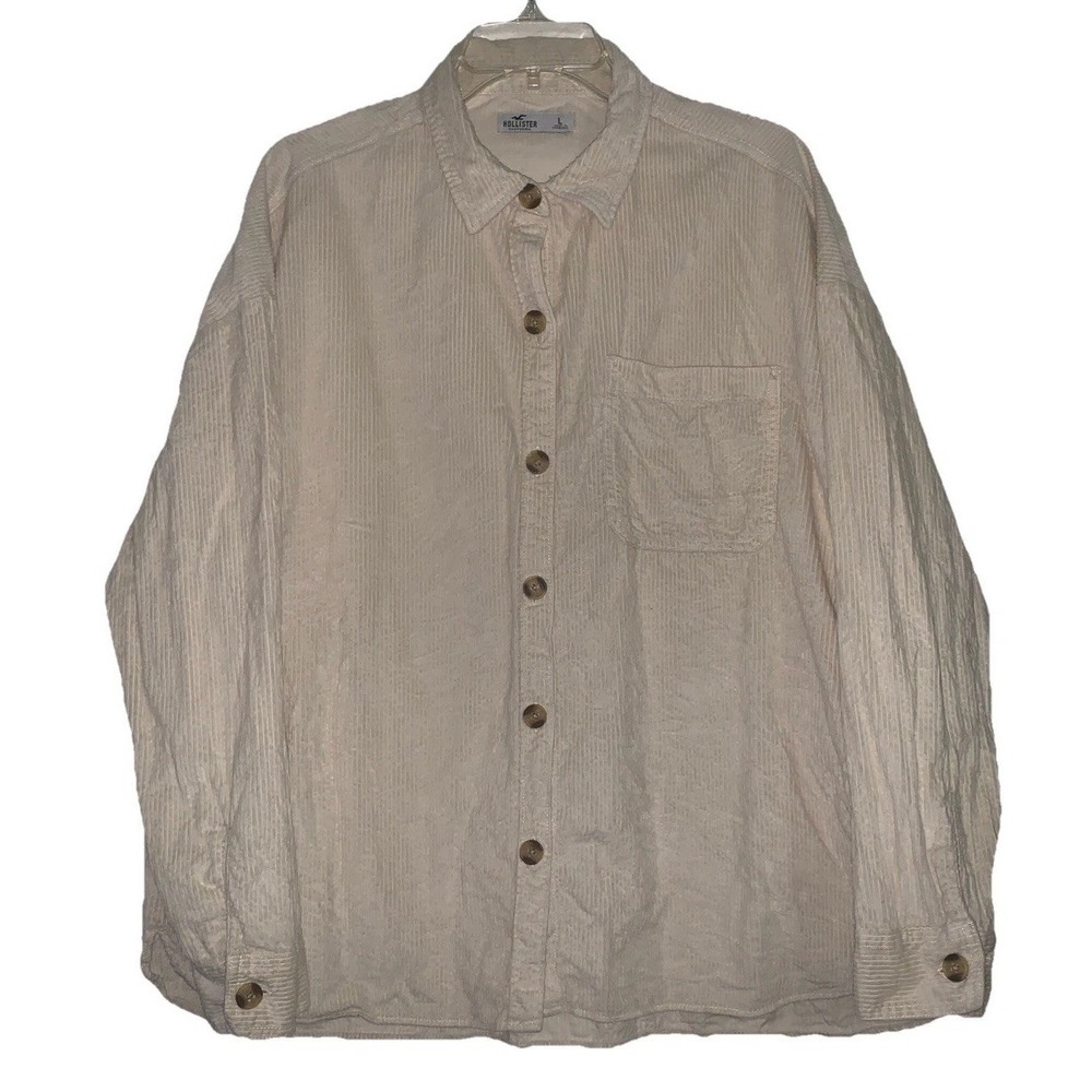 Hollister Corduroy Shacket Shirt Women's L Cream Oversized Button Casual Pockets